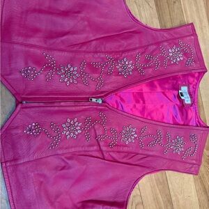 Kippys Fuchsia Leather Vest with Studded Floral Accents Vintage